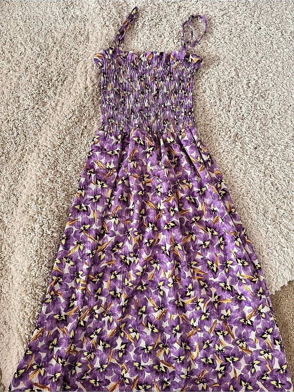 H&M Smocked-Bodice Strappy Dress Floral Maxi Dress Purple & Yellow XS